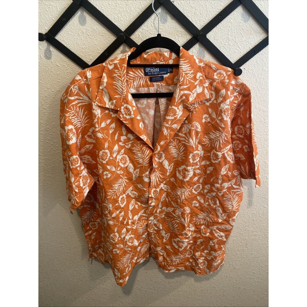 Polo Ralph Lauren Shirt Mens XL Orange Caldwell Floral Cotton Camp Loop Collar